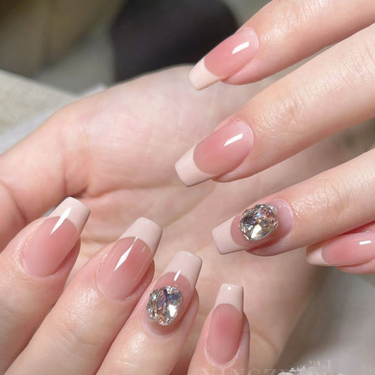 Gray and pink French rhinestone blush fake nails, handmade wearable nails, brightening nails, removable and long-lasting, 385 styles