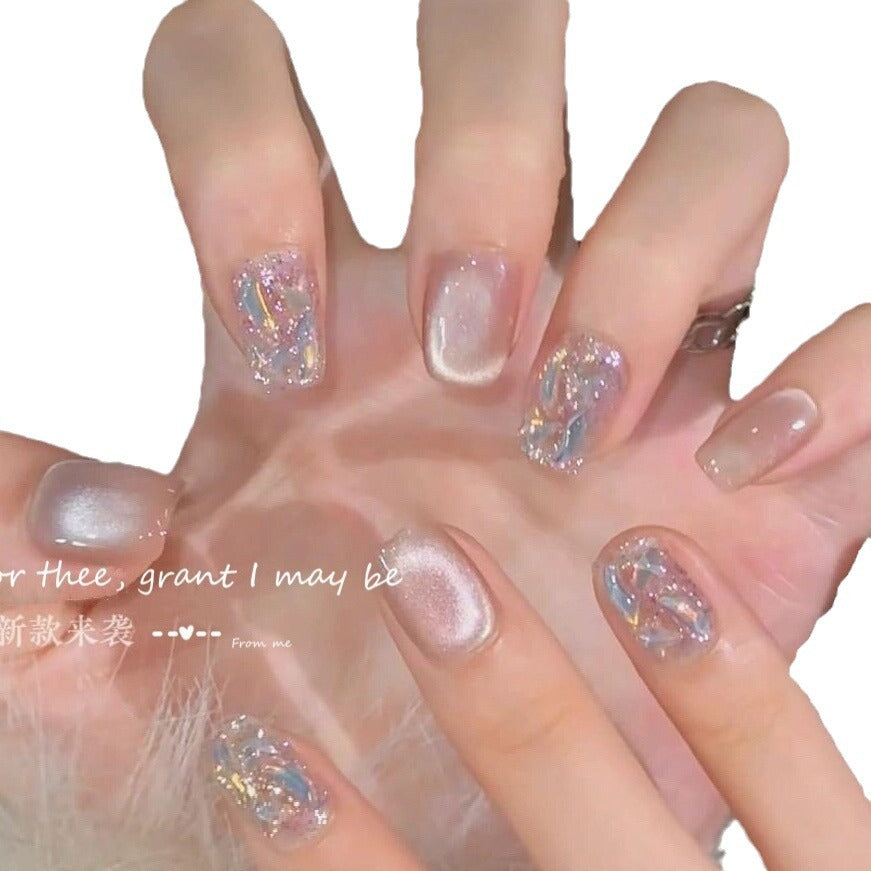 Wealthy Heiress Cat's Eye Sparkling Rhinestone Brightening Handmade Wearable Nail Fake Nail Patches, Wedding Nails, Pregnancy Nail 13 Exquisite Rhinestone-Set