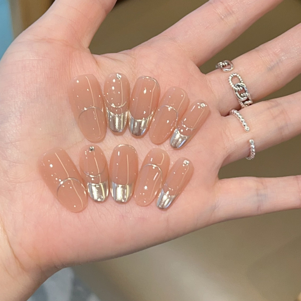 [God of Ambiance] Magic Mirror Pink Mirror French Nude Handmade Wearable Nail J27 Style with Box Tool Bag