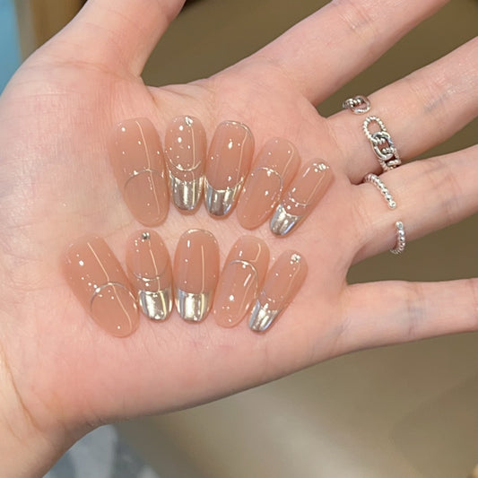 [God of Ambiance] Magic Mirror Pink Mirror French Nude Handmade Wearable Nail J27 Style with Box Tool Bag