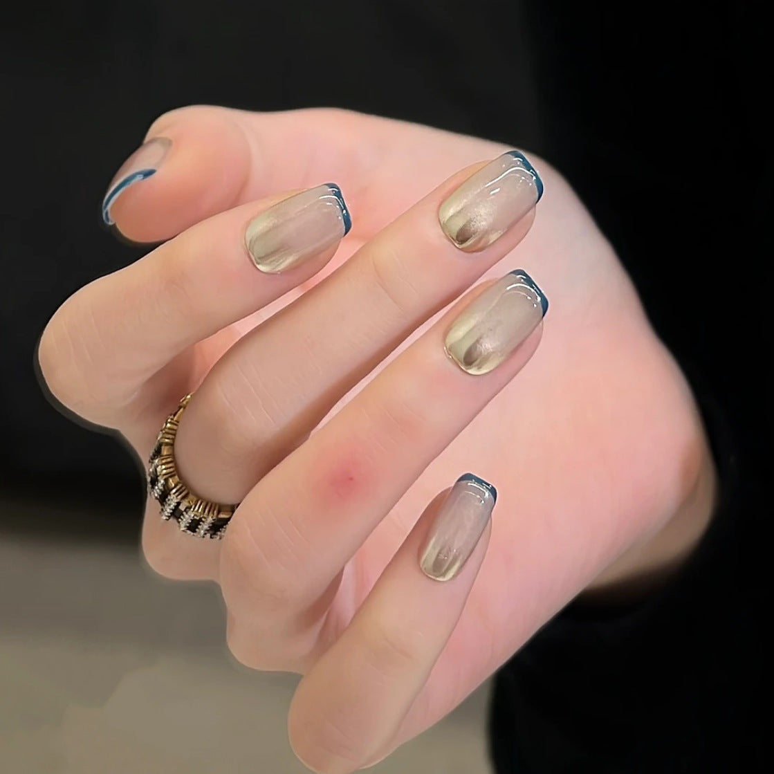[Gold Coast] Magic Mirror Pink Blue French Cat's Eye Pure Handmade Wear-On Nail J244 Style with Box Tool Bag