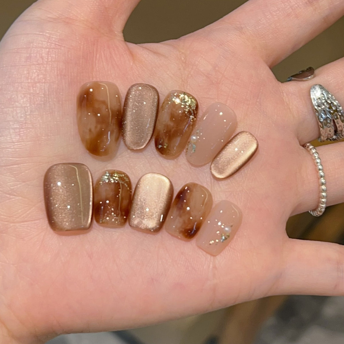 [Chocolate Sauce] Amber Blended Gold Foil Brown Cat's Eye Handmade Nail Art 583 Models with Box Toolkit