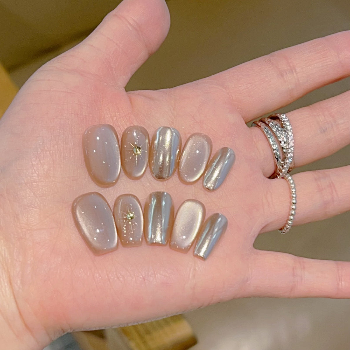 [Gilded Fragmented Gray] Nude Cat's Eye Champagne Magic Mirror Pink Pure Handmade Wear-On Nail H137 Style with Box Tool Bag