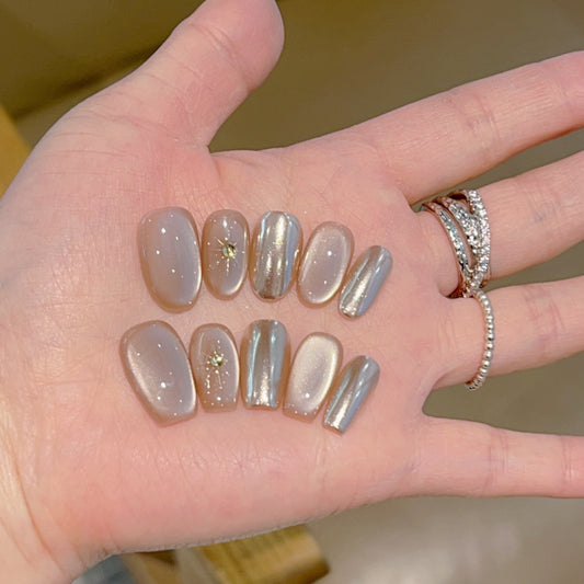 [Gilded Fragmented Gray] Nude Cat's Eye Champagne Magic Mirror Pink Pure Handmade Wear-On Nail H137 Style with Box Tool Bag