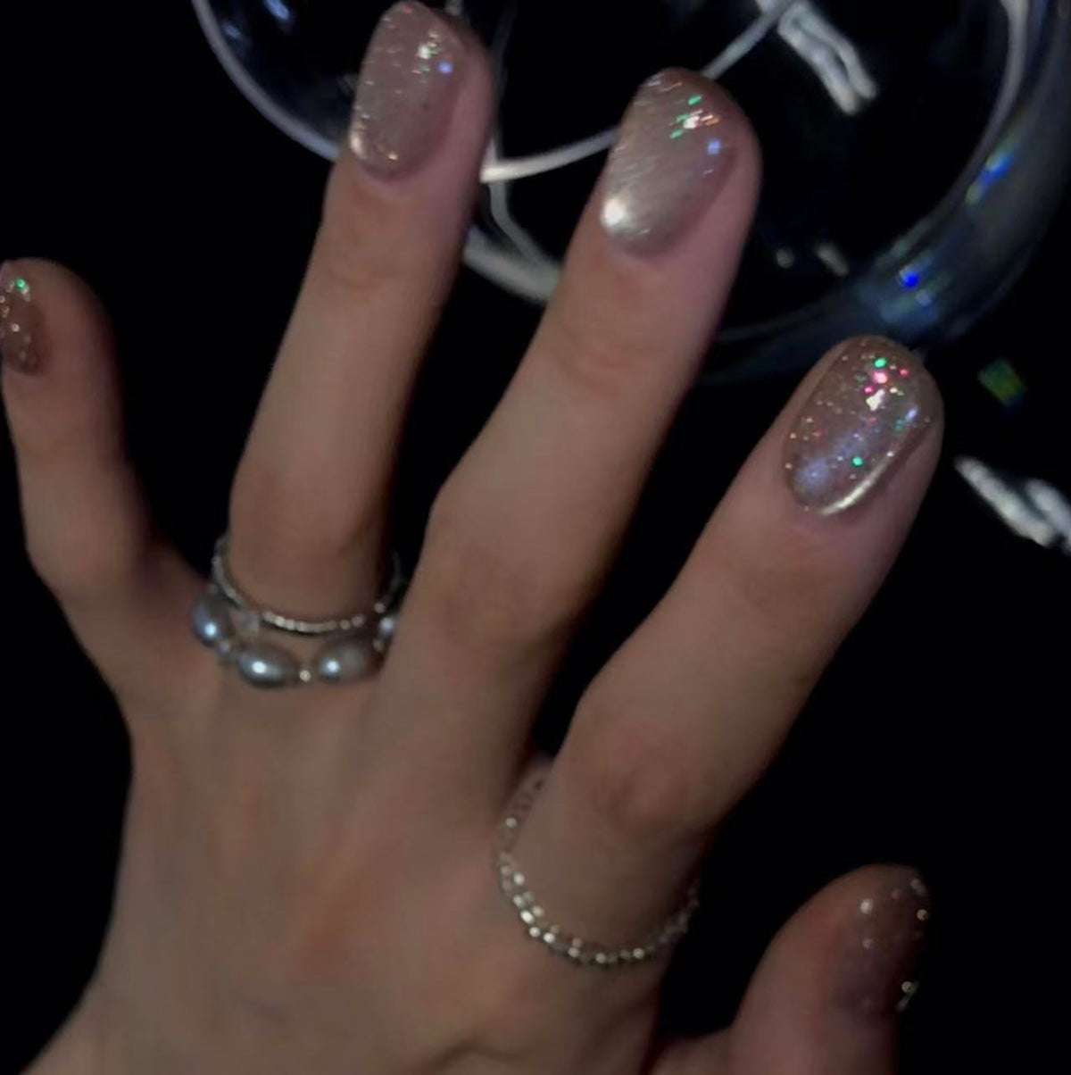 [Aurora Fantasy] Pearl Cat's Eye Diamond Glue Sparkling Handmade Wear-On Nail H134 Model with Box Tool Bag