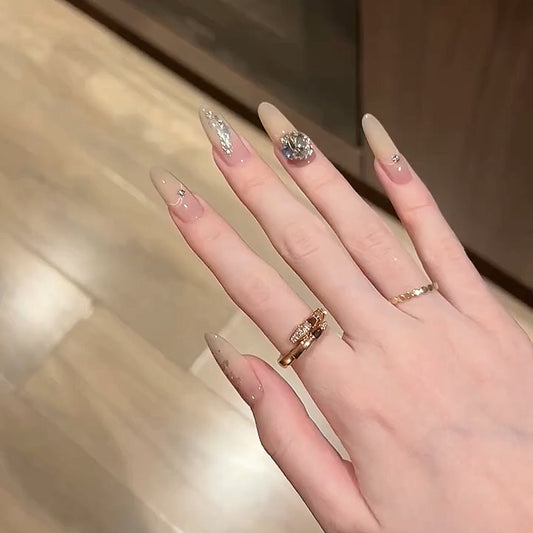 [Ganlu Temple] Brilliant Galaxy Diamond Ball Nude Gradient Handmade Wear-On Nail 221 Style with Box Tool Bag