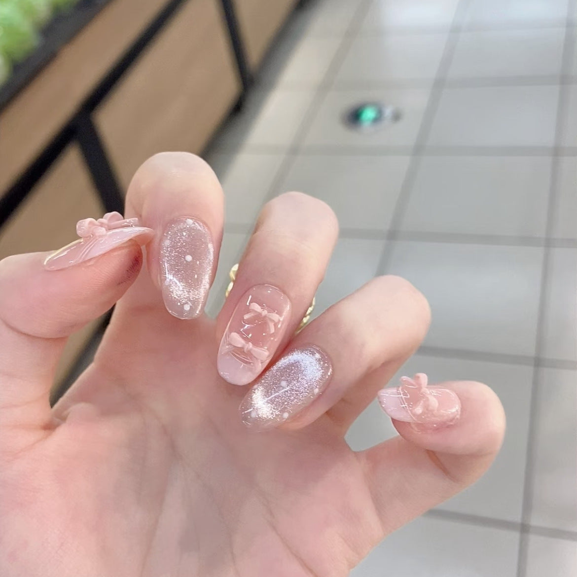 [Cute] Premium Pink Bow Pure Handmade Wear-On Nail H519 Style with Box Tool Bag