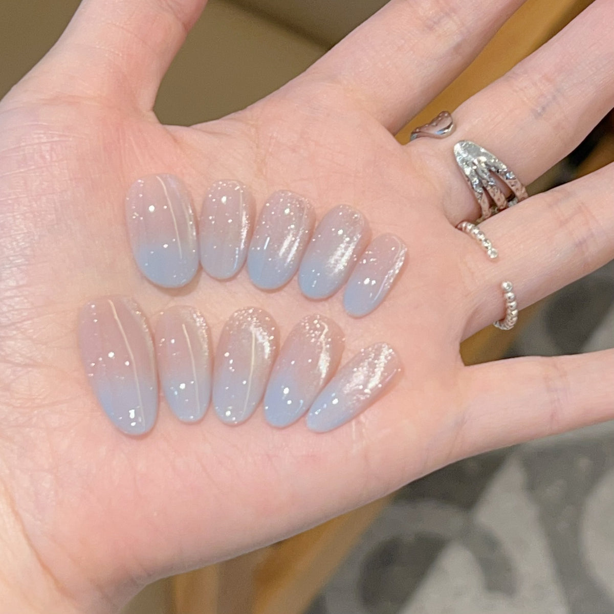 [Iceland Blue] Two-color gradient white boiled water side-light cat's eye pure handmade wear-on nail 28 styles with box and tool kit