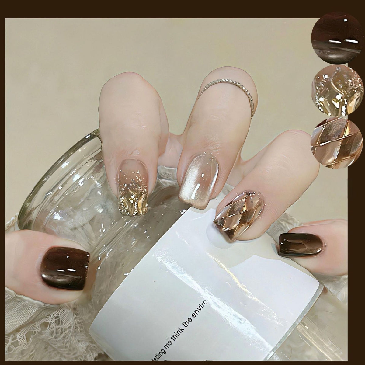 [Milk Coffee Lingge] Autumn/Winter Elegant Black Chocolate Glass Beads Cat Eye Atmosphere Pure Handmade Wearable Nail Black Chocolate Nail