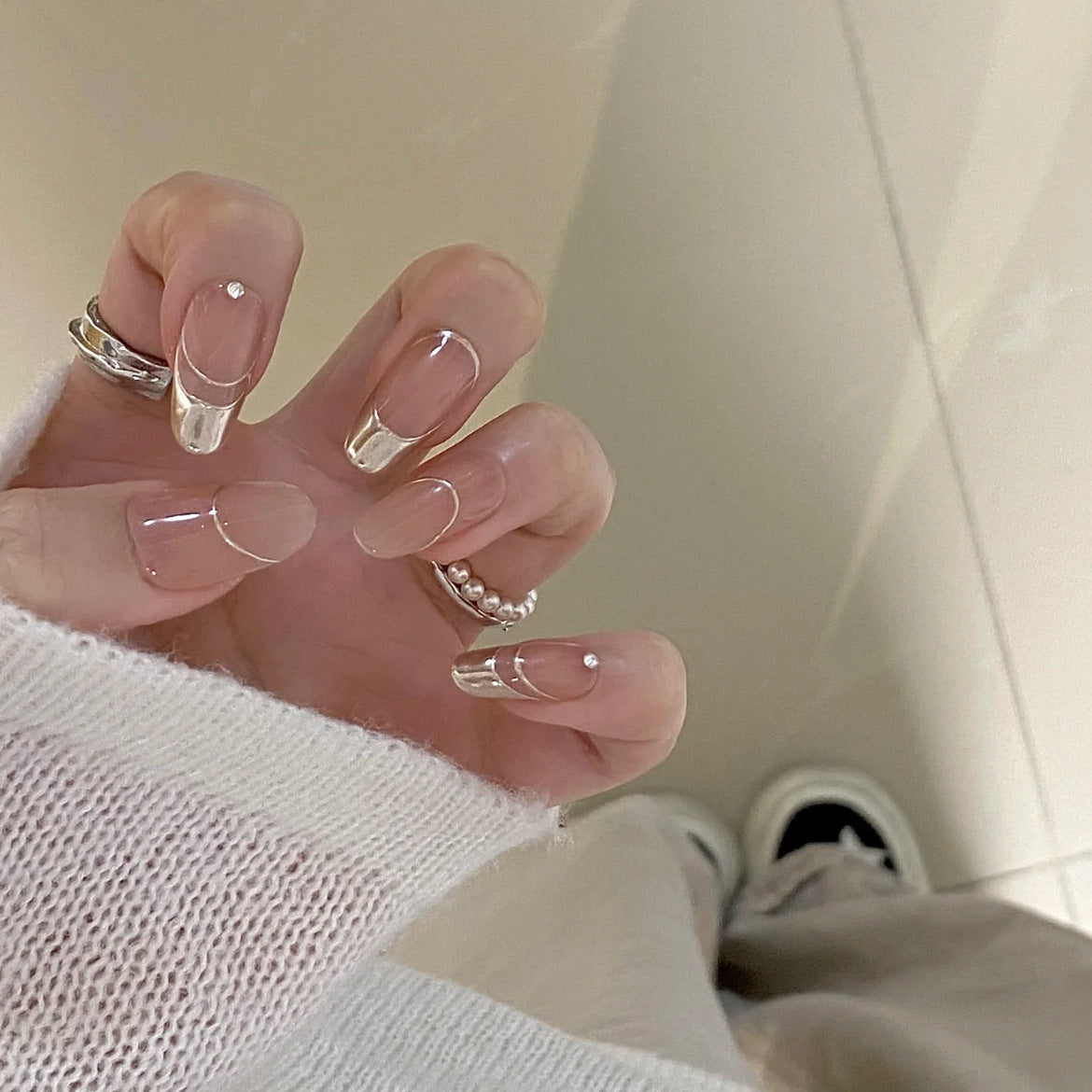 [God of Ambiance] Magic Mirror Pink Mirror French Nude Handmade Wearable Nail J27 Style with Box Tool Bag