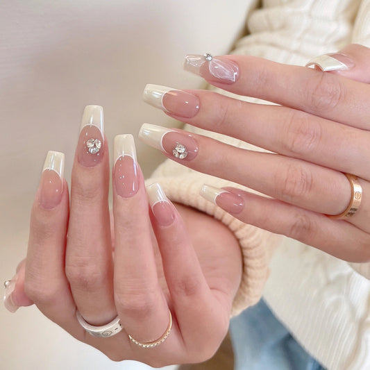Creamy Wind Moonlight Pink French Style Brightening Pure Handmade Worn Nail Fake Nail Patches High-Quality Nail Art 18