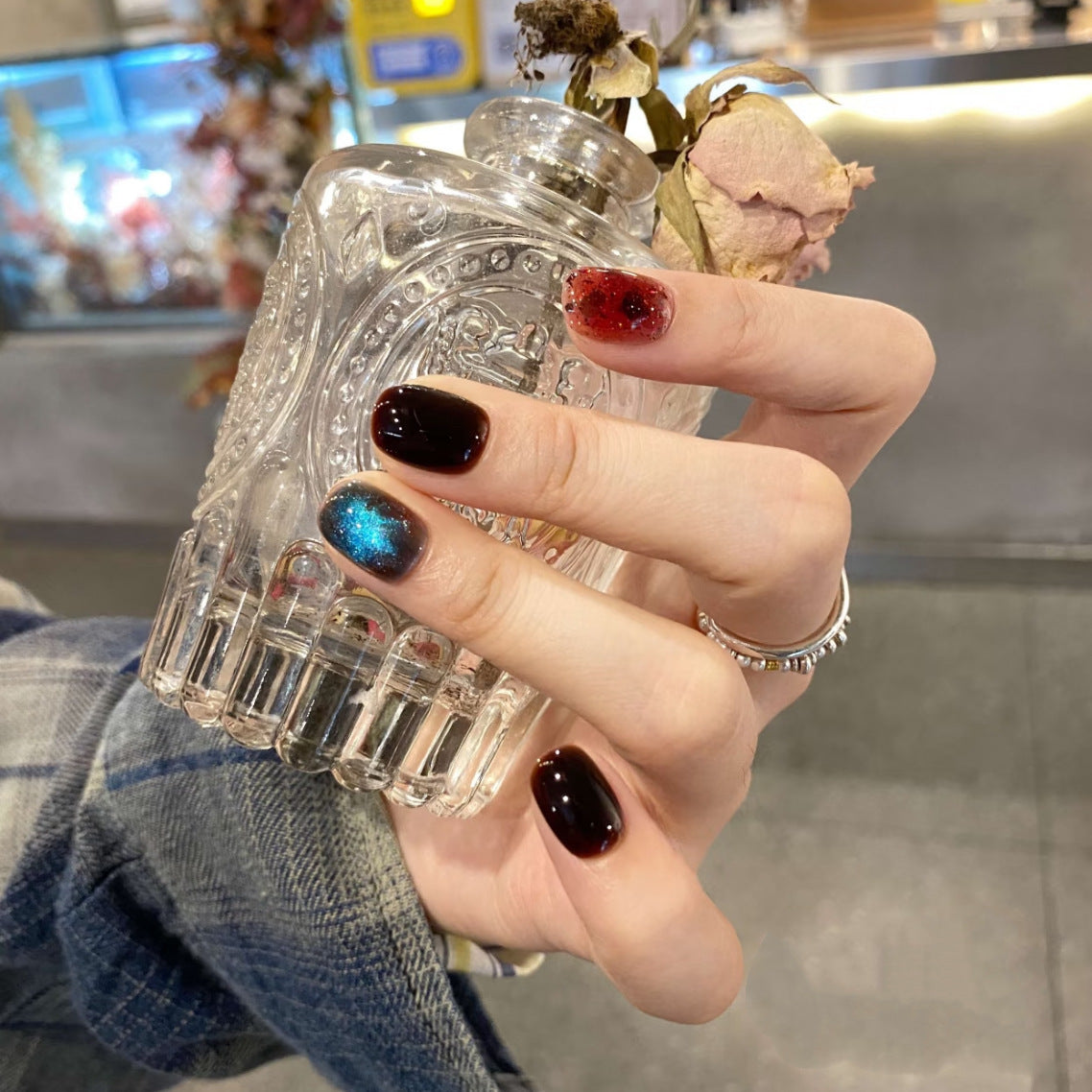 [Alchemist] Red Graded Amber Blue Cat's Eye Pure Handmade Wearable Nail 476 Style with Box Tool Bag