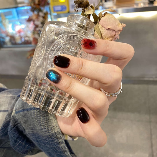 [Alchemist] Red Graded Amber Blue Cat's Eye Pure Handmade Wearable Nail 476 Style with Box Tool Bag