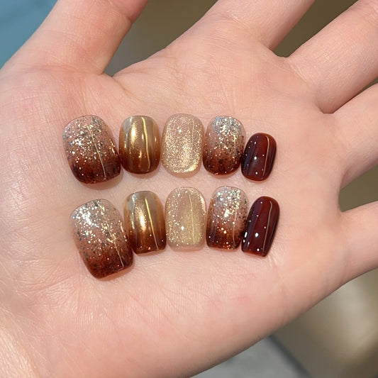 [Maitian] Brown Cat's Eye Coffee Gradient Sparkling Pure Handmade Wear-On Nail J544 Model with Box Tool Bag