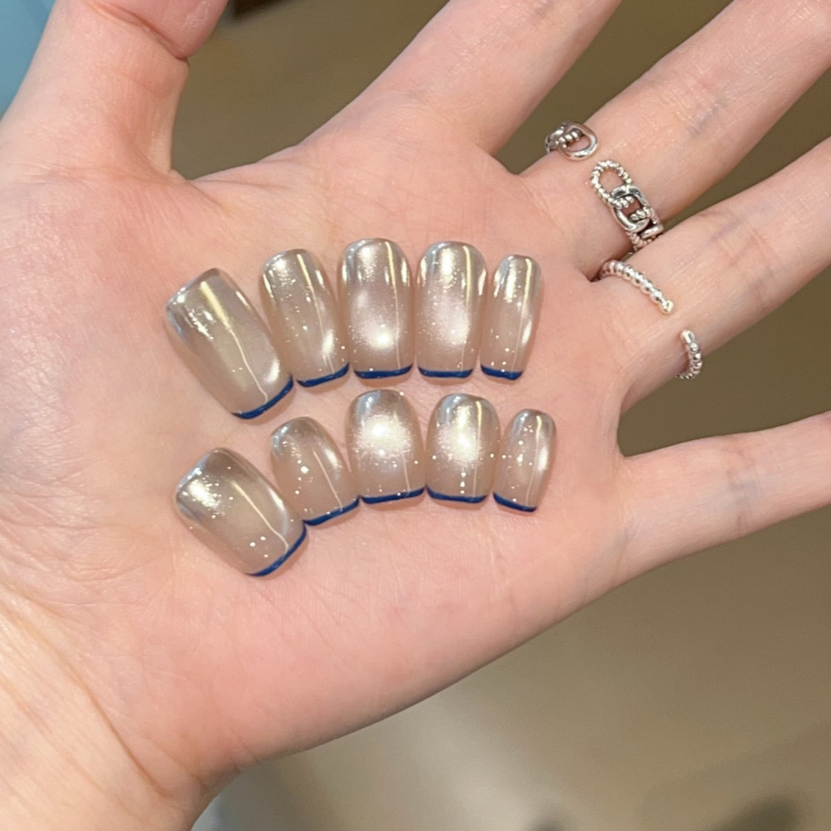 [Gold Coast] Magic Mirror Pink Blue French Cat's Eye Pure Handmade Wear-On Nail J244 Style with Box Tool Bag