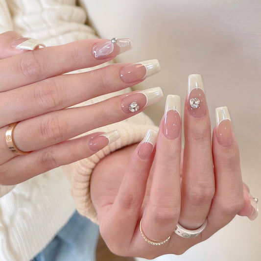Creamy Wind Moonlight Pink French Style Brightening Pure Handmade Worn Nail Fake Nail Patches High-Quality Nail Art 18
