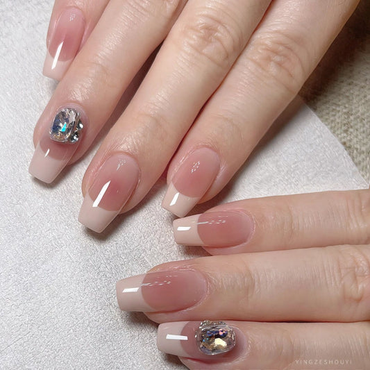 Gray and pink French rhinestone blush fake nails, handmade wearable nails, brightening nails, removable and long-lasting, 385 styles