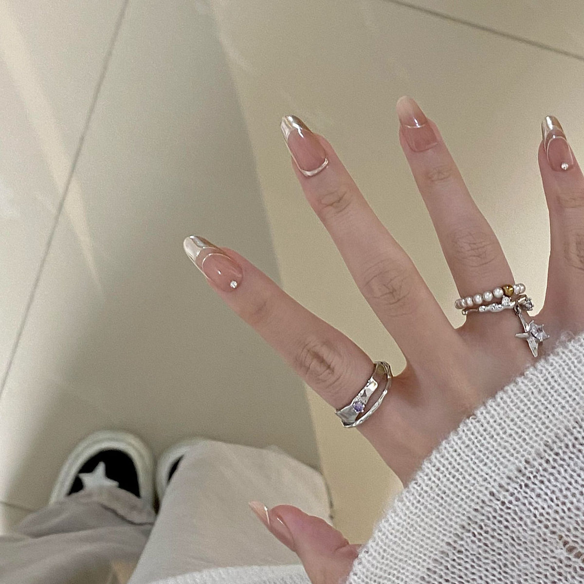 [God of Ambiance] Magic Mirror Pink Mirror French Nude Handmade Wearable Nail J27 Style with Box Tool Bag