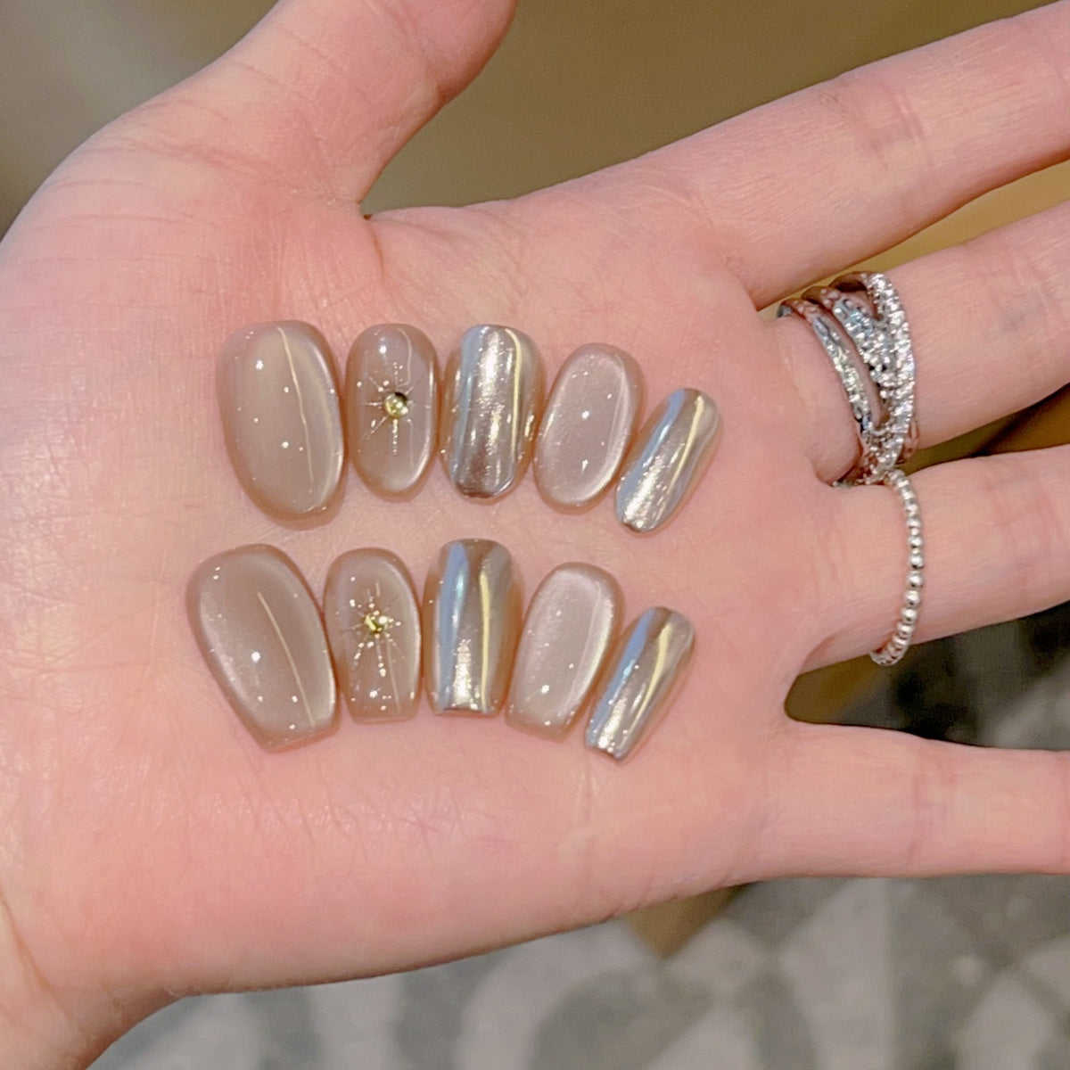 [Gilded Fragmented Gray] Nude Cat's Eye Champagne Magic Mirror Pink Pure Handmade Wear-On Nail H137 Style with Box Tool Bag