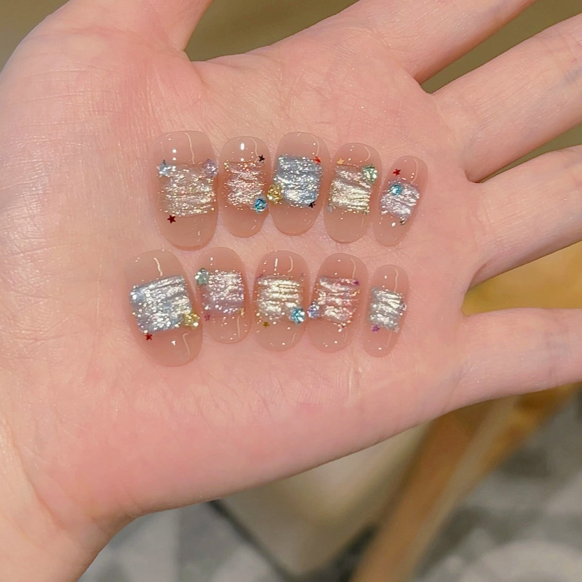 [Colorful Sugar Ice Cube] Colorful Aurora Cat's Eye Zircon Star Handmade Wear-On Nail 707 Style with Box Tool Bag