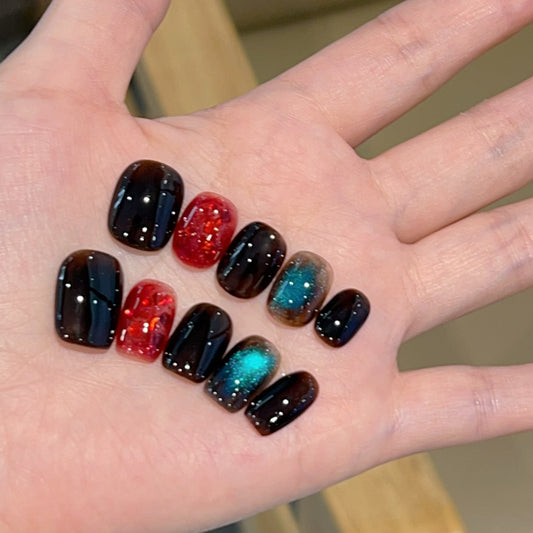 [Alchemist] Red Graded Amber Blue Cat's Eye Pure Handmade Wearable Nail 476 Style with Box Tool Bag