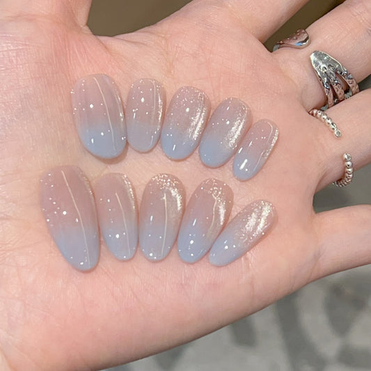 [Iceland Blue] Two-color gradient white boiled water side-light cat's eye pure handmade wear-on nail 28 styles with box and tool kit