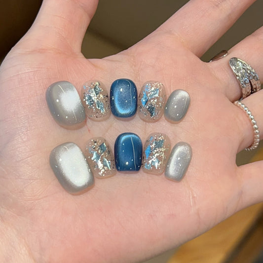 [Sleepless Island] Blue glass bead side-glow cat-eye color handmade press-on nail H418 with box tool kit