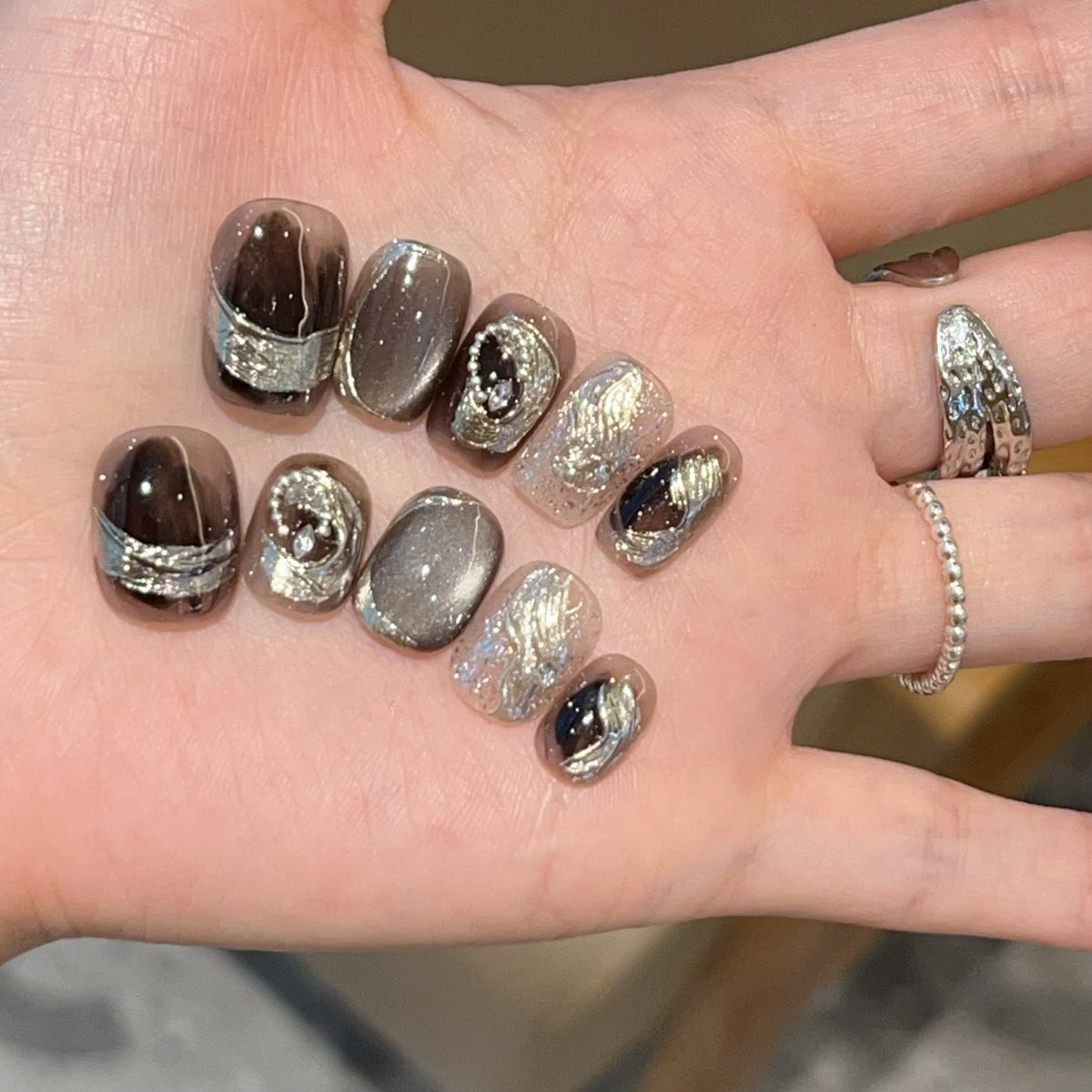 [Dark Glory] Dark Magic Mirror Pink Black Graded Handmade Wear-On Nail J397 Style with Box Tool Bag