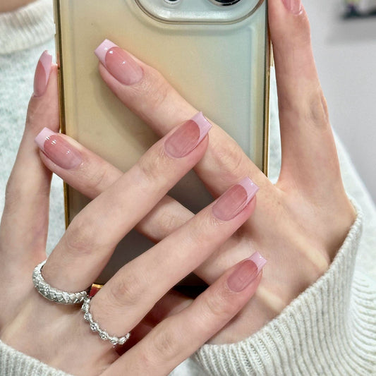 [Strawberry Milk Cap] Blush Cream Pink French Brightening Pure Handmade Wear-On Nails J50 Style with Box Tool Bag