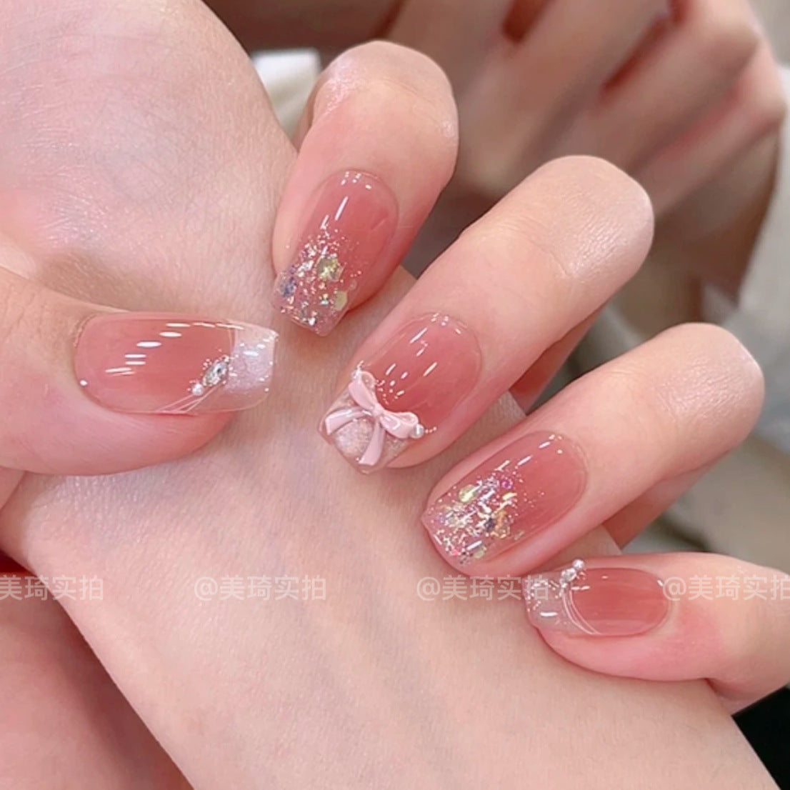 [Pink Daijin] Pink Bow Candy Sequin Cat Eye Handmade Wear-On Nail 75 Styles with Box Tool Bag