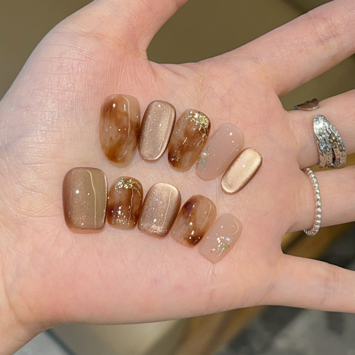 [Chocolate Sauce] Amber Blended Gold Foil Brown Cat's Eye Handmade Nail Art 583 Models with Box Toolkit