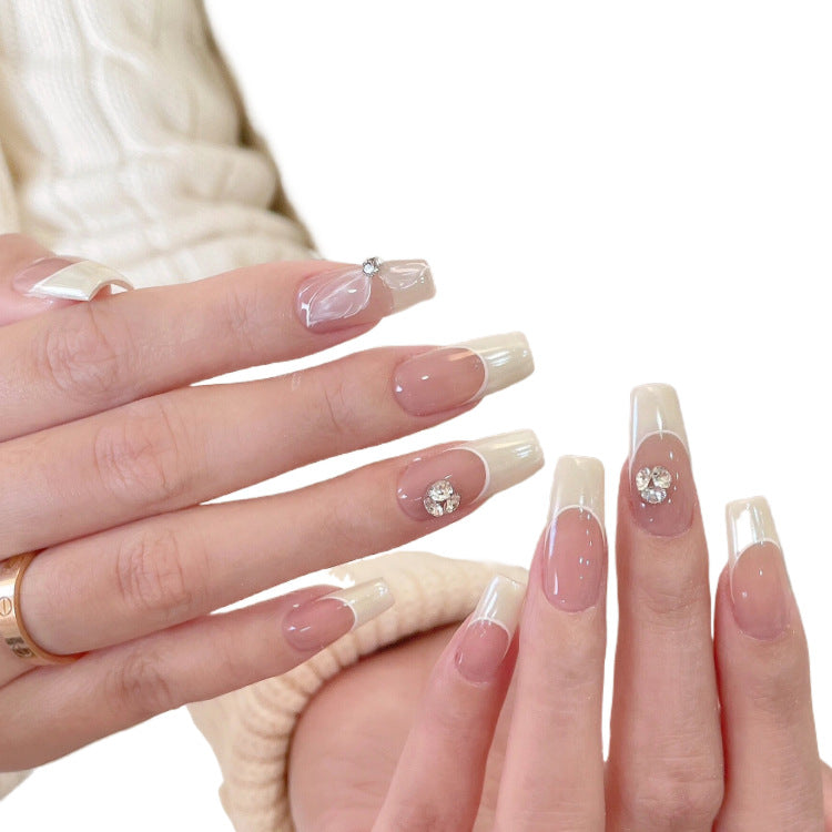 Creamy Wind Moonlight Pink French Style Brightening Pure Handmade Worn Nail Fake Nail Patches High-Quality Nail Art 18
