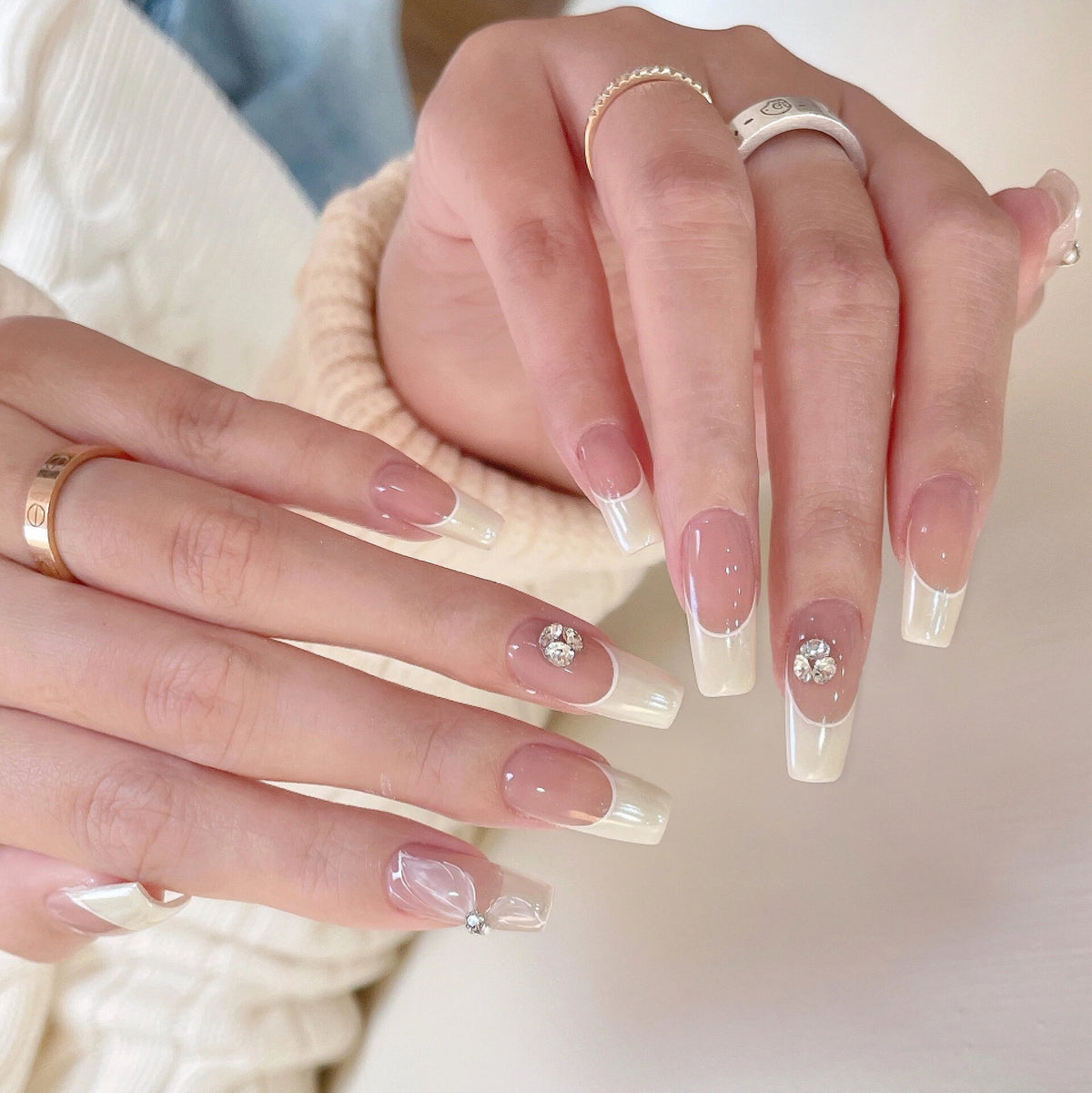 Creamy Wind Moonlight Pink French Style Brightening Pure Handmade Worn Nail Fake Nail Patches High-Quality Nail Art 18
