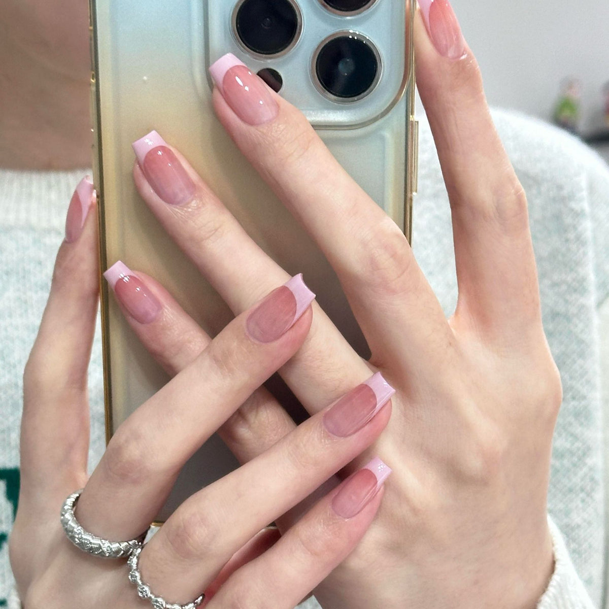 [Strawberry Milk Cap] Blush Cream Pink French Brightening Pure Handmade Wear-On Nails J50 Style with Box Tool Bag