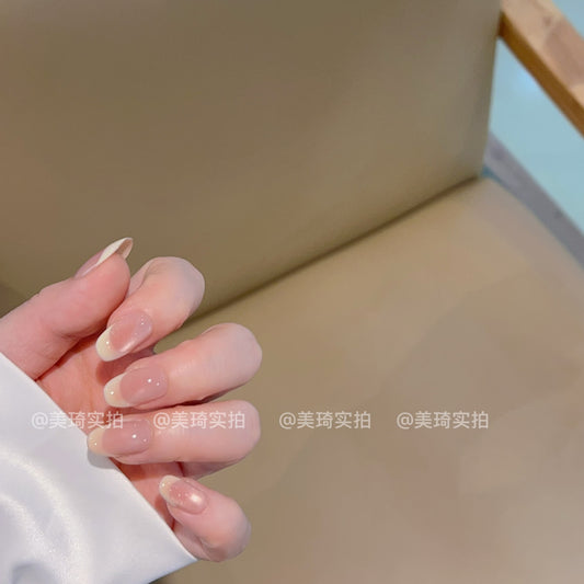 [Melon] Nude Pink Cat Eye Cream Yellow French Blush Handmade Wearable Nails J570 Style with Box Tool Bag