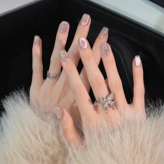 Wealthy Heiress Cat's Eye Sparkling Rhinestone Brightening Handmade Wearable Nail Fake Nail Patches, Wedding Nails, Pregnancy Nail 13 Exquisite Rhinestone-Set