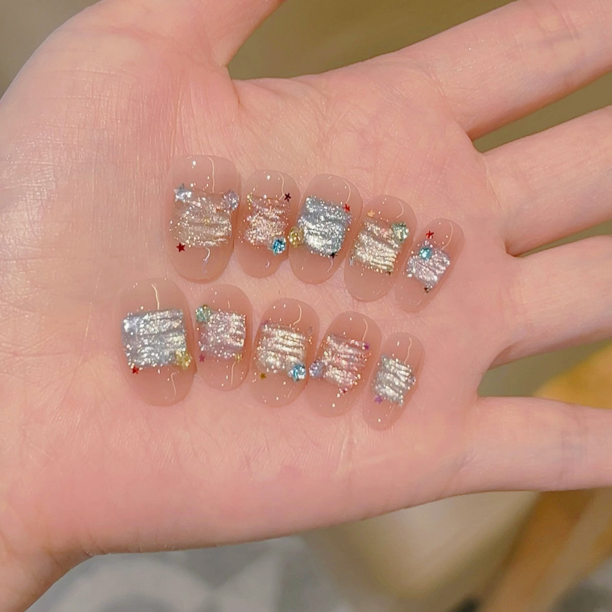 [Colorful Sugar Ice Cube] Colorful Aurora Cat's Eye Zircon Star Handmade Wear-On Nail 707 Style with Box Tool Bag