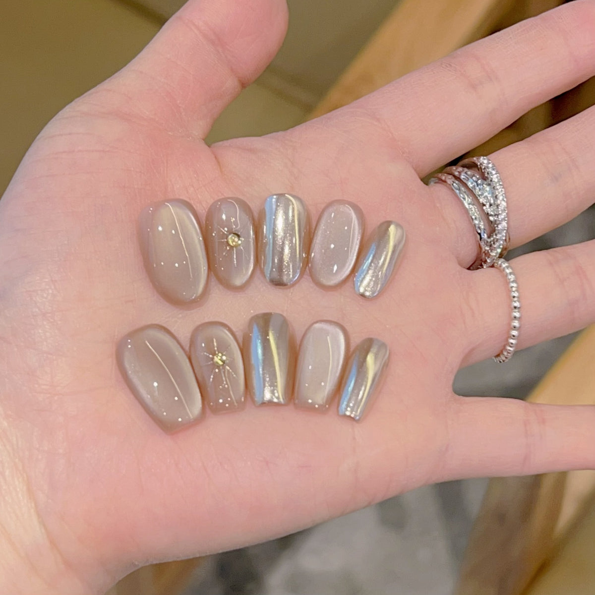 [Gilded Fragmented Gray] Nude Cat's Eye Champagne Magic Mirror Pink Pure Handmade Wear-On Nail H137 Style with Box Tool Bag