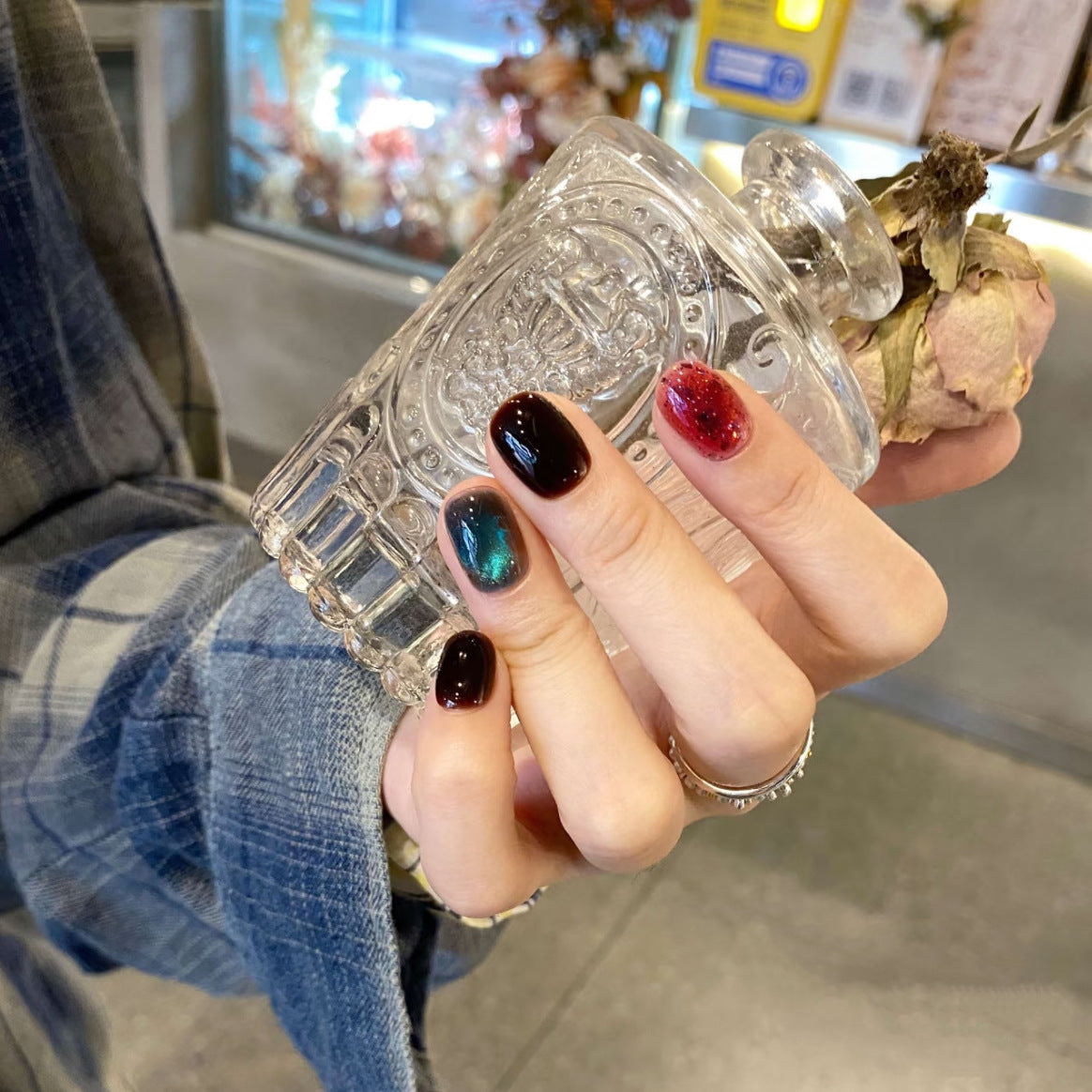 [Alchemist] Red Graded Amber Blue Cat's Eye Pure Handmade Wearable Nail 476 Style with Box Tool Bag
