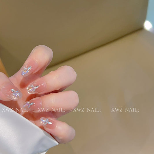 [Aurora Lover] Peach Bobo Cat's Eye Elf Diamond Patchwork Handmade Wear-On Nail J551 Style with Box Tool Bag