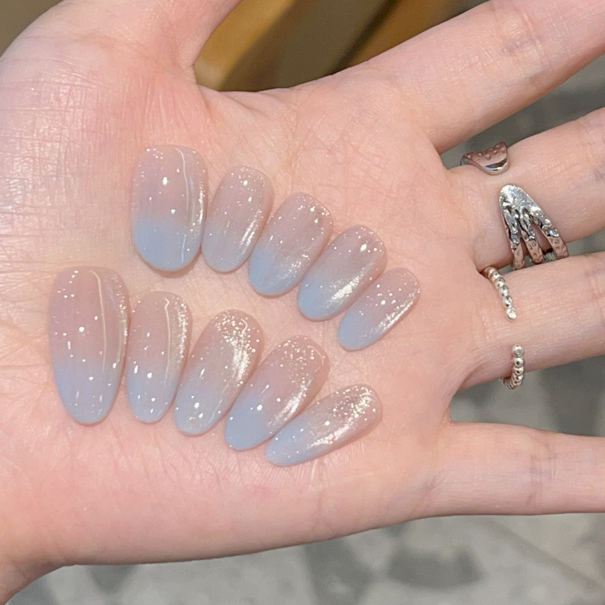 [Iceland Blue] Two-color gradient white boiled water side-light cat's eye pure handmade wear-on nail 28 styles with box and tool kit