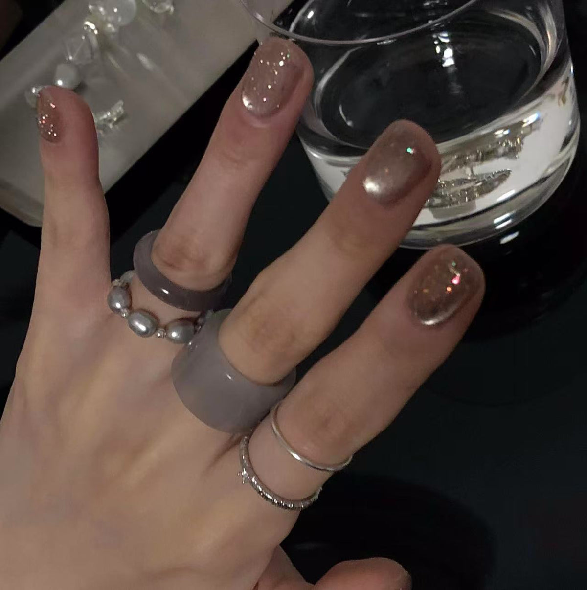 [Aurora Fantasy] Pearl Cat's Eye Diamond Glue Sparkling Handmade Wear-On Nail H134 Model with Box Tool Bag