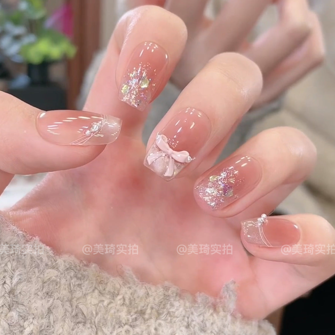 [Pink Daijin] Pink Bow Candy Sequin Cat Eye Handmade Wear-On Nail 75 Styles with Box Tool Bag