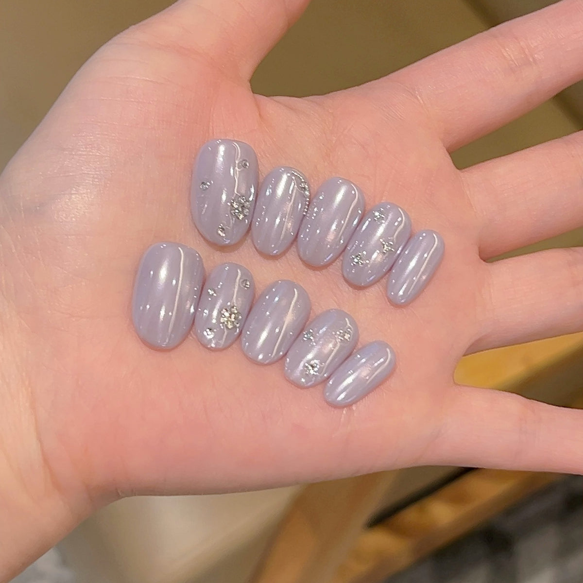[Taro Ice Cream] Purple Cat's Eye Hailey Pink Diamond-Encrusted Handmade Wear-On Nail 712 Style with Box Tool Bag