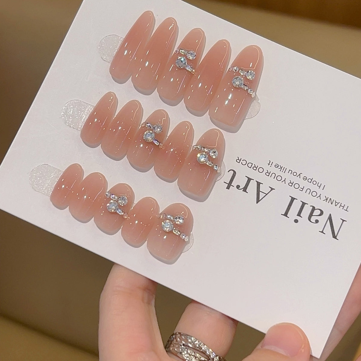 [Rose Crystal Ice Love] Huanhuan Blush with Diamonds and Precious Touch Pure Handmade Wear-On Nail 717 Style with Box and Tool Bag