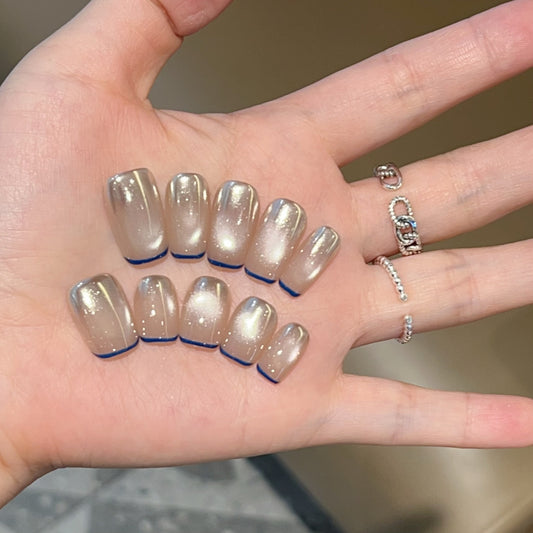 [Gold Coast] Magic Mirror Pink Blue French Cat's Eye Pure Handmade Wear-On Nail J244 Style with Box Tool Bag