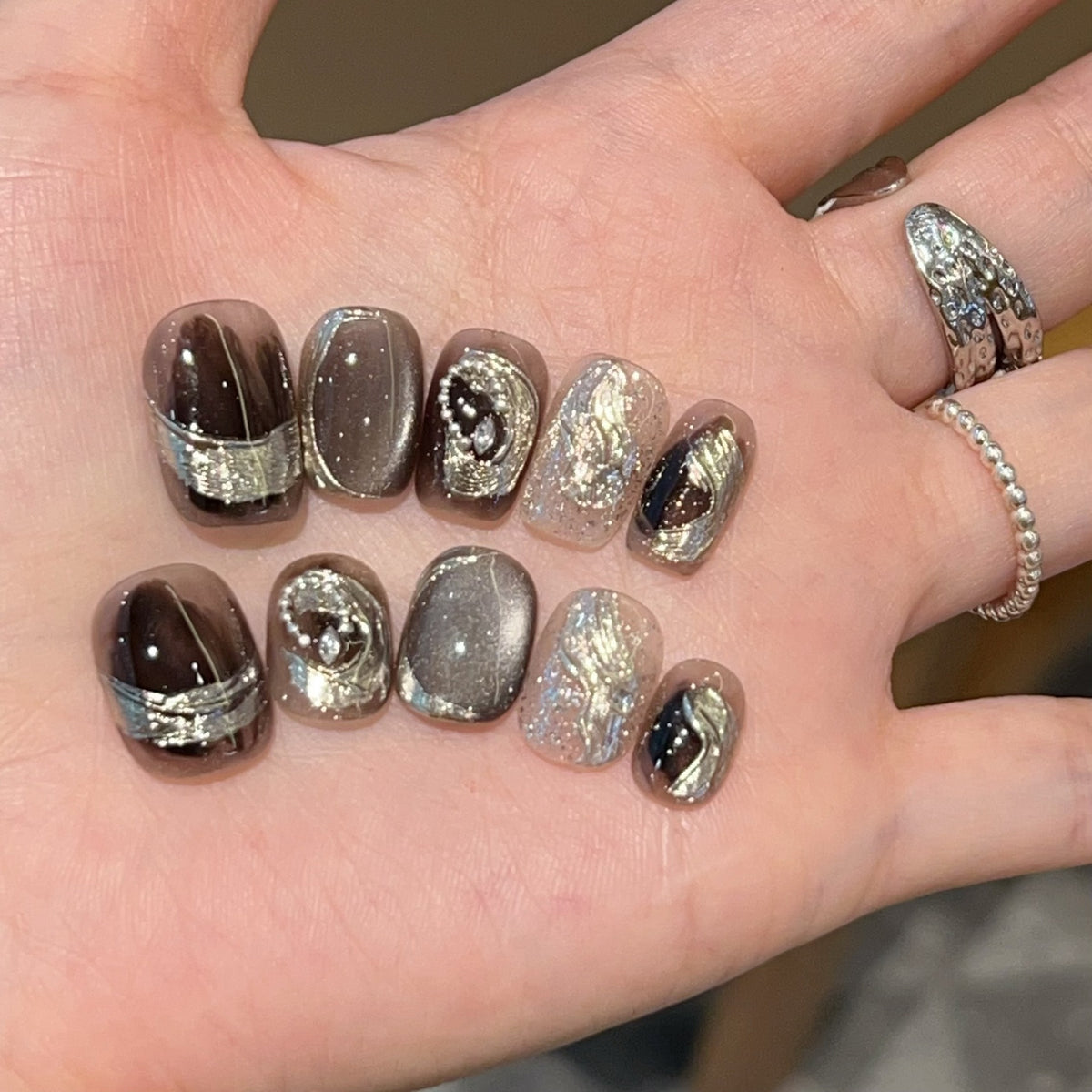 [Dark Glory] Dark Magic Mirror Pink Black Graded Handmade Wear-On Nail J397 Style with Box Tool Bag