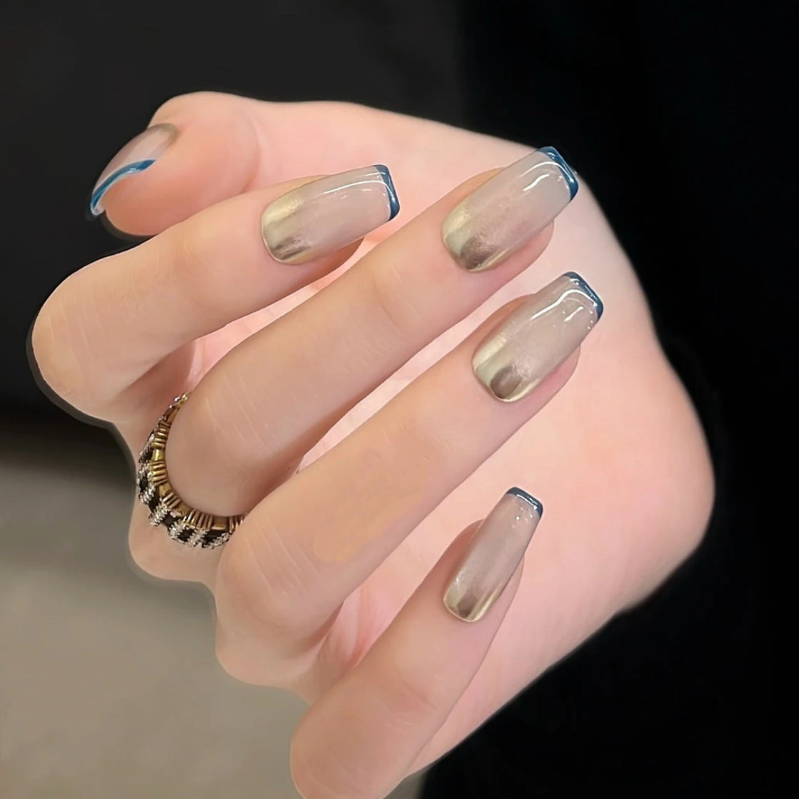 [Gold Coast] Magic Mirror Pink Blue French Cat's Eye Pure Handmade Wear-On Nail J244 Style with Box Tool Bag