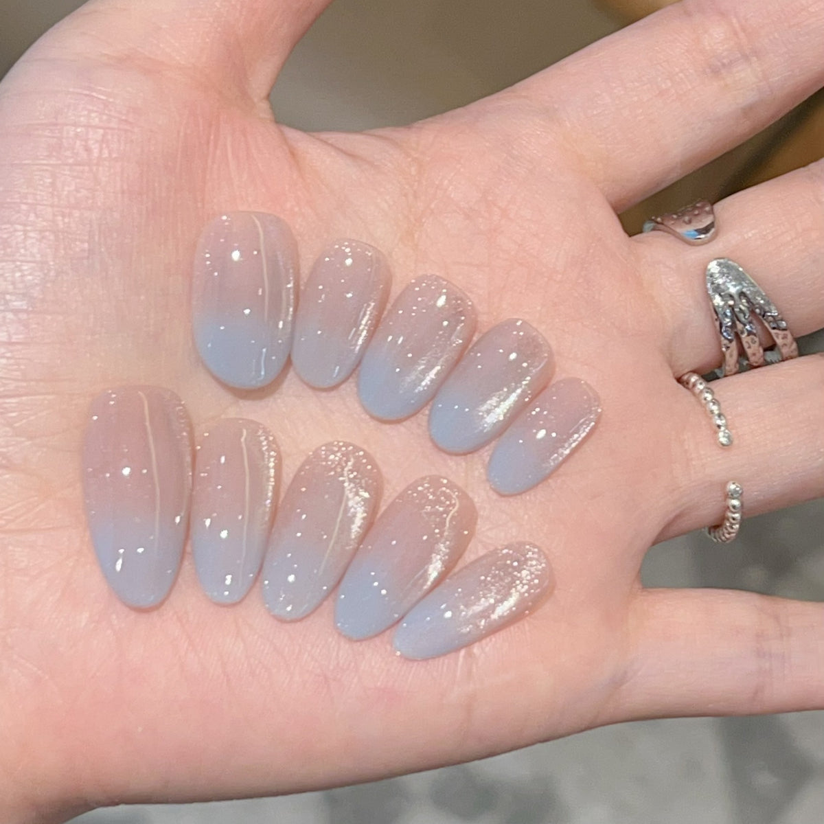 [Iceland Blue] Two-color gradient white boiled water side-light cat's eye pure handmade wear-on nail 28 styles with box and tool kit