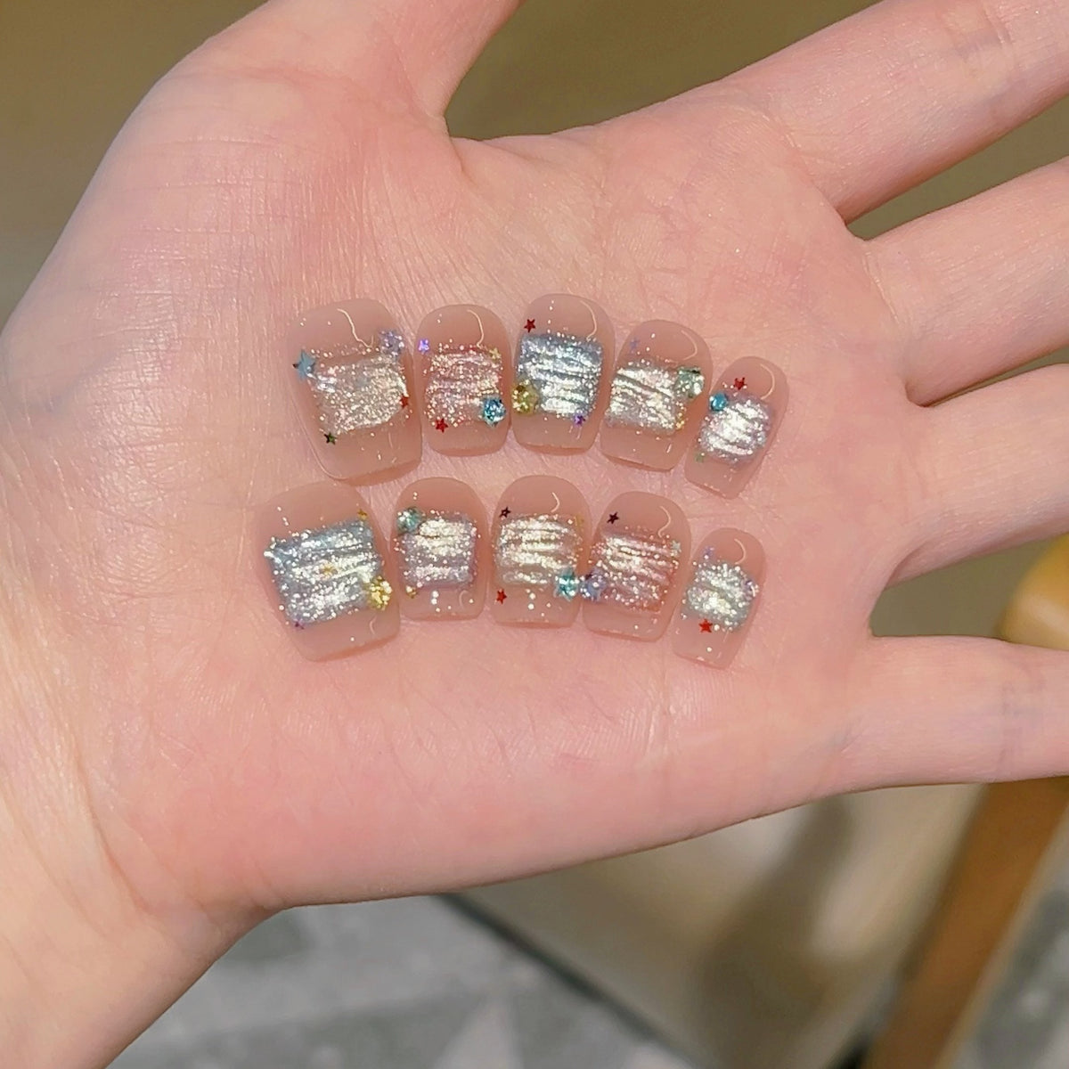 [Colorful Sugar Ice Cube] Colorful Aurora Cat's Eye Zircon Star Handmade Wear-On Nail 707 Style with Box Tool Bag